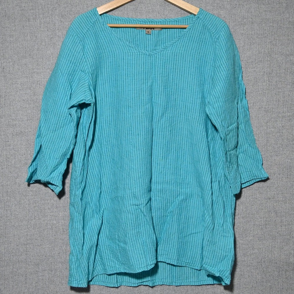 FLAX Tunic Top Womens 3/4 Sleeve Striped Textured Linen Small Turquoise Blue